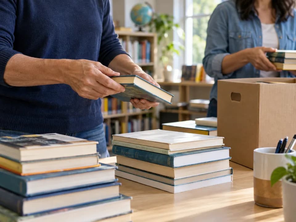 Volunteers carefully sorting donated books