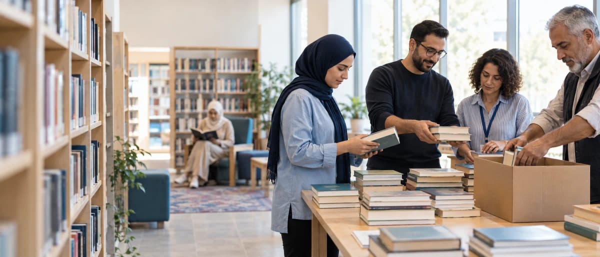 Volunteers sorting and circulating books in a community library